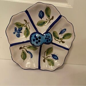 ITALY SERVE WARE DIVIDED DISH HAND PAINTED WHITE BLUE 3D MUSHROOMS HOME DINING